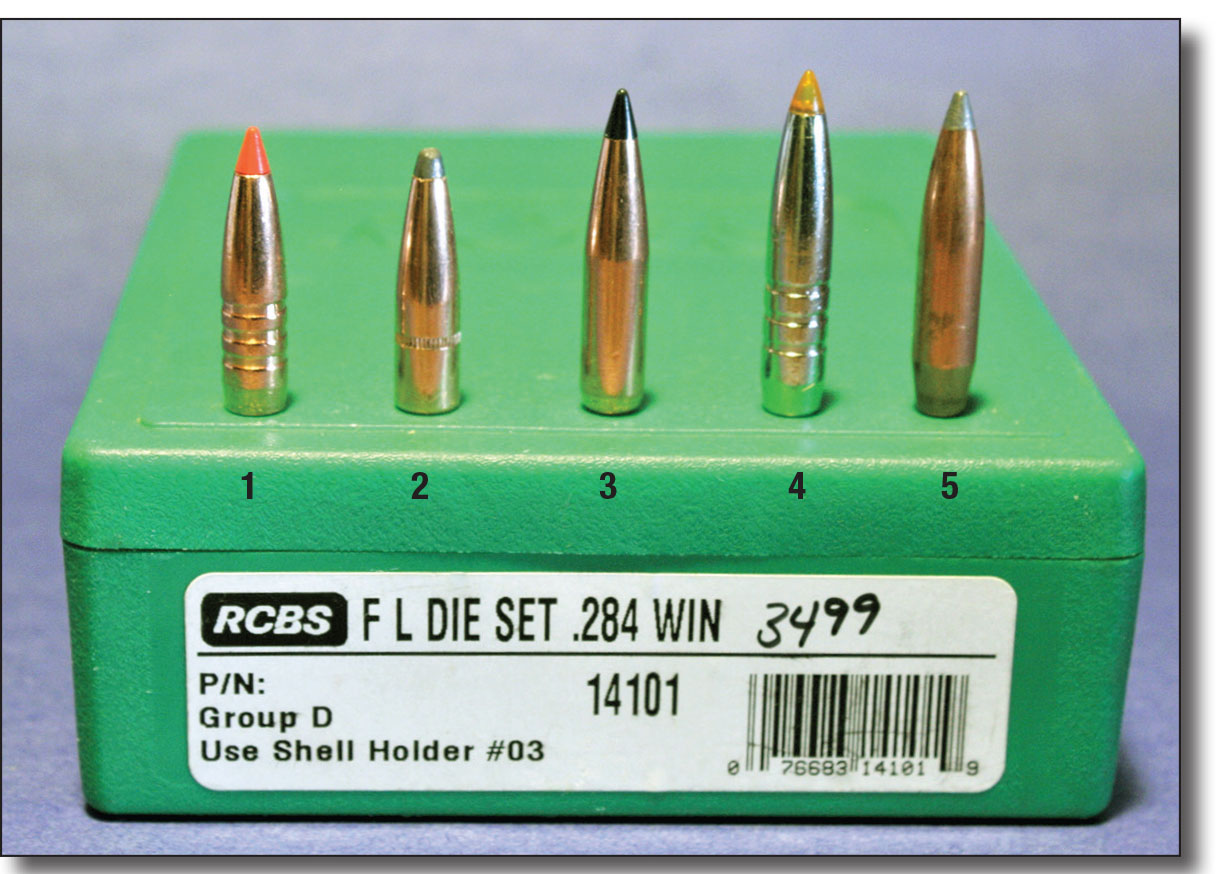 The bullets tested ranged from 120 to 175 grains in weight. Some examples include: (1) Barnes 120-grain TTSX, (2) Hornady 139-grain Interlock Spire Point, (3) Swift 150-grain Scirocco II, (4) Federal 160-grain Trophy Bonded Tip and (5) Sierra 175-grain GameKing.